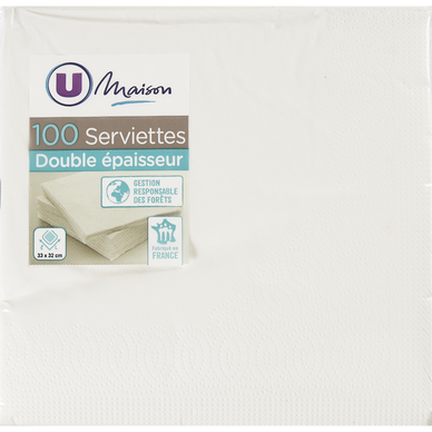 Serviettes en papier blanc 33x32cm 100 nités - Super U, Hyper U, U Express  