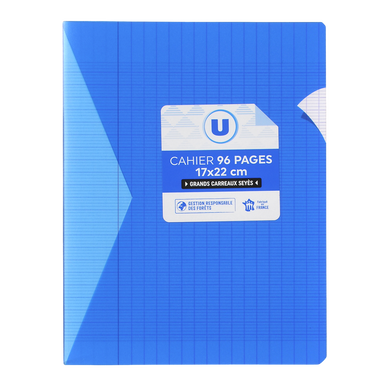 Cahier piqûre 24x32cm grands carreaux seyes 90g 48p polypro bleu - Super U,  Hyper U, U Express 