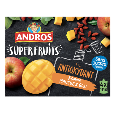 Gourdes dessert fruitier pomme mangue goji sans sucre ajouté ANDROS, 4X115g  - Super U, Hyper U, U Express 