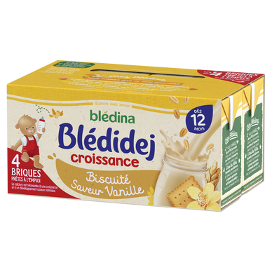 Lait et céréales bébé dès 12 mois saveur délice biscuité vanille Blédidej  Croissance BLEDINA : la brique de 500mL à Prix Carrefour
